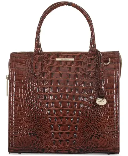 Caroline Melbourne Embossed Leather Satchel-Pecan/Gold 