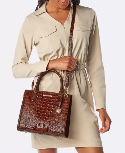 Caroline Melbourne Embossed Leather Satchel-Pecan/Gold - 6