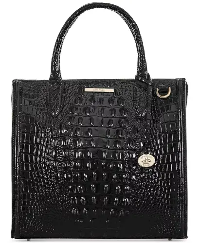 Caroline Melbourne Embossed Leather Satchel-Black/Gold 