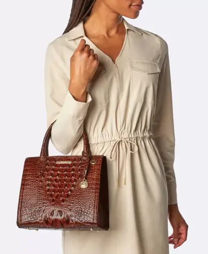 Caroline Melbourne Embossed Leather Satchel-Black/Gold - 7