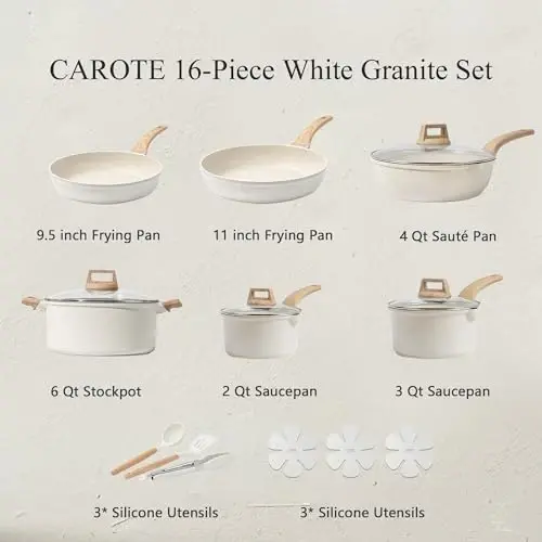 CAROTE 16 Piece Pots and Pans Set Nonstick, White Granite Cookware Sets Induction Cookware, Non Stick Cooking Set w/Frying Pans & Saucepans (PFOS, PFOA Free) - 7