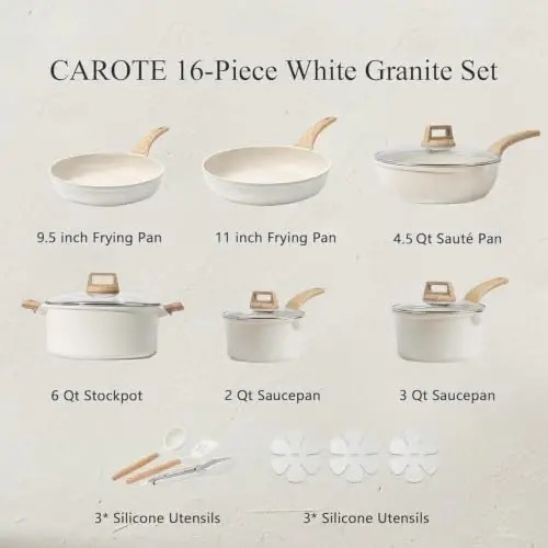CAROTE 16 Piece Pots and Pans Set Nonstick, White Granite Cookware Sets Induction Cookware, Non Stick Cooking Set w/Frying Pans & Saucepans (PFOS, PFOA Free) - CAROTE