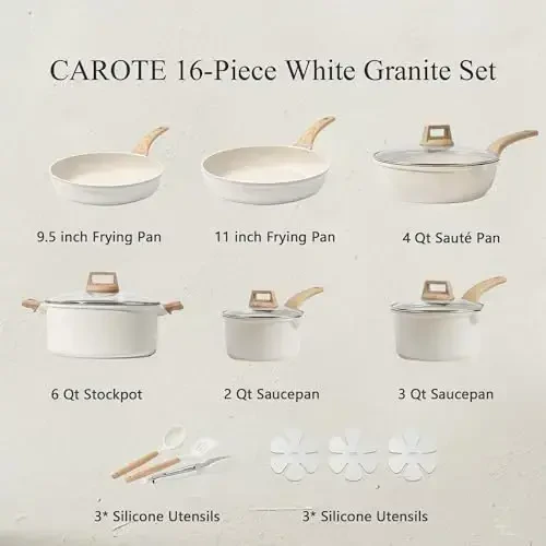 CAROTE 16 Piece Pots and Pans Set Nonstick, White Granite Cookware Sets Induction Cookware, Non Stick Cooking Set w/Frying Pans & Saucepans (PFOS, PFOA Free) - 7