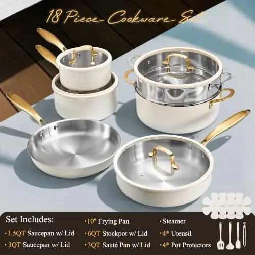 CAROTE 18 PCS Stainless Steel Cookware Set, Pots and Pans Set | Oven & Dishwasher Safe, Kitchen Set with Silicone Lids, Compatible with Induction,Durable - CAROTE (1)