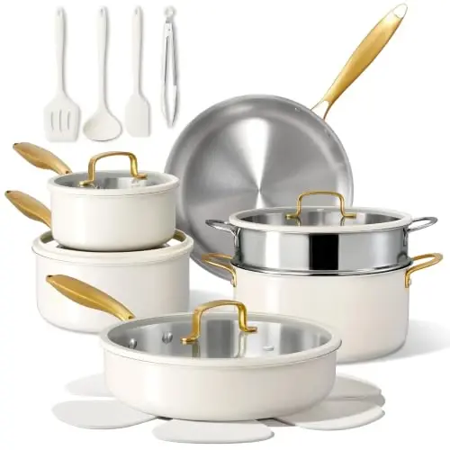 CAROTE 18 PCS Stainless Steel Cookware Set, Pots and Pans Set | Oven & Dishwasher Safe, Kitchen Set with Silicone Lids, Compatible with Induction,Durable - 1