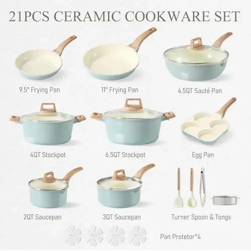 CAROTE 21 Ceramic Cookware Set, Pots and Pans Set Non stick, Cook Ware Set Induction Kitchen Cooking Set Non-toxic Health Induction Cookware, PFAS Free - 7
