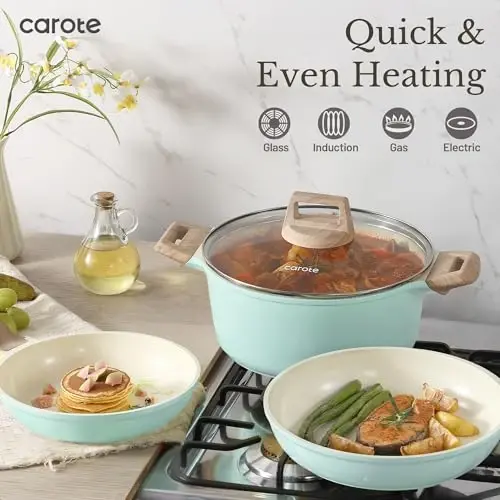 CAROTE 21 Ceramic Cookware Set, Pots and Pans Set Non stick, Cook Ware Set Induction Kitchen Cooking Set Non-toxic Health Induction Cookware, PFAS Free - 6