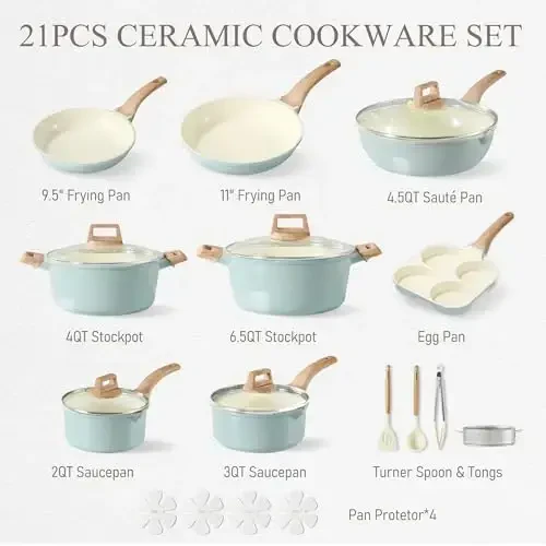 CAROTE 21-Piece Ceramic Pots and Pans Cookware Set, Non Stick Induction Cook Ware Kitchen Cooking Set Non-Toxic Health, PFAS Free - 7