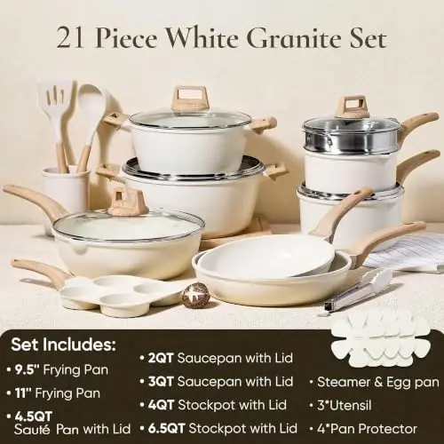 CAROTE 21Pcs Pots and Pans Set, Nonstick Cookware Sets, White Granite Induction Cookware Non Stick Cooking Set w/Frying Pans & Saucepans(PFOS, PFOA Free) - CAROTE (1)