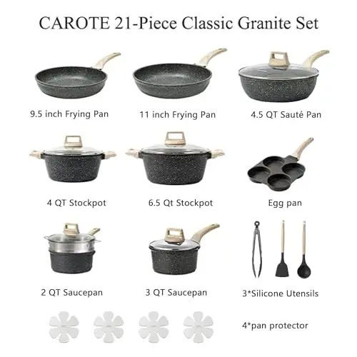 CAROTE 21pcs Pots and Pans Set Nonstick, Cookware Set Black Granite Induction Kitchen Cooking Set w/Frying Pans & Saucepans(PFOS, PFOA Free) - 6