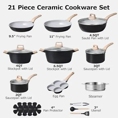 CAROTE 21pcs Ceramic Cookware Set, Pots and Pans Set | Non-Toxic Healthy Induction Cooking Set, Easy Clean, Fast & Even Heating, Fit All Stovetops, PFAS FREE - 2