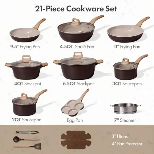 CAROTE 21pcs Ceramic Cookware Sets, Pots and Pans Set | Healthy Cooking Set, Non-Toxic Induction, Ultra Durable, Easy Clean, Induction Compatible, PFAS FREE - CAROTE (1)