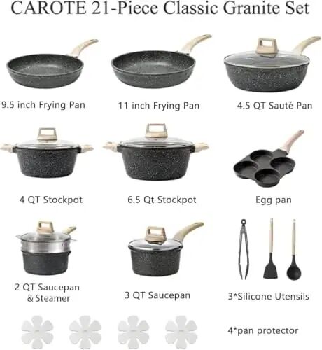 CAROTE 21pcs Nonstick Pots and Pans Set, Cookware Sets, with Egg Pan | Induction Kitchen Cooking Set, Easy Clean, Even Heating, Stay Cool Handle, Induction Compatible - CAROTE (1)