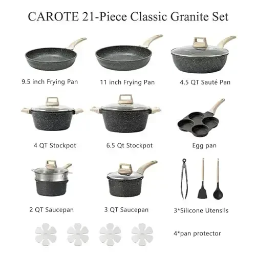 CAROTE 21pcs Pots and Pans Set Nonstick, Cookware Set Black Granite Induction Kitchen Cooking Set w/Frying Pans & Saucepans(PFOS, PFOA Free) - 6