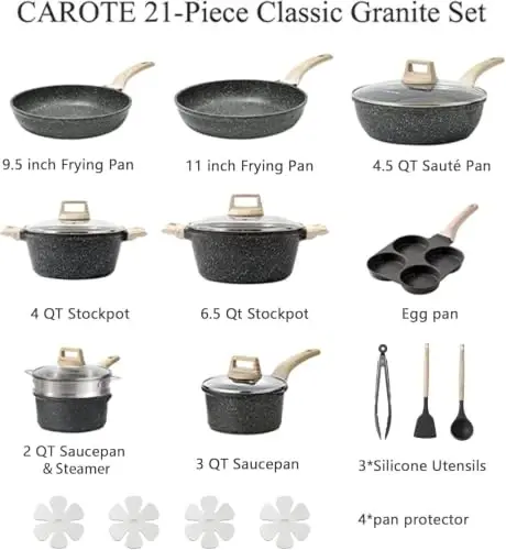 CAROTE 21pcs Pots and Pans Set Nonstick, Cookware Set Black Granite Induction Kitchen Cooking Set w/Frying Pans & Saucepans(PFOS, PFOA Free) 