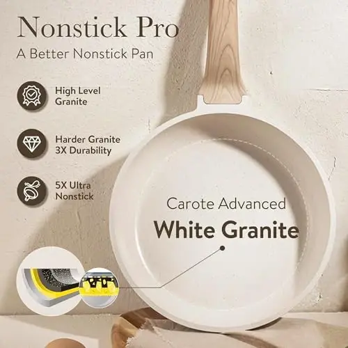 CAROTE 21Pcs Pots and Pans Set, Nonstick Cookware Sets, White Granite Induction Cookware Non Stick Cooking Set w/Frying Pans & Saucepans(PFOS, PFOA Free) - 6