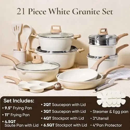 CAROTE 21Pcs Qozon va Tovalar To'plami, Yopishmaydigan Idishlar To'plami, Oq Granit Induksion Idish Yopishmaydigan Pishirish To'plami /Qovurilgan Tovalar va Kastryulkalar (PFOS, PFOA Free) - MODAZONE (1)