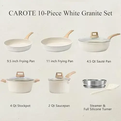 CAROTE Pots and Pans Set Nonstick, White Granite Induction Kitchen Cookware Set, 10 Pcs Non Stick Cooking Set w/Frying Pans & Saucepans(PFOS, PFOA Free) - 3