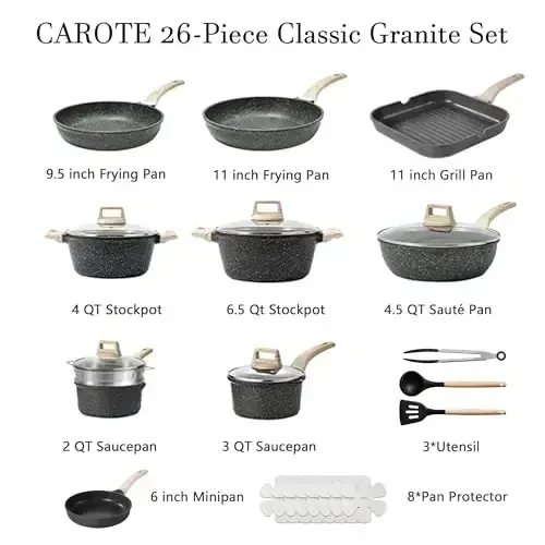 CAROTE 22Pcs Pots and Pans Set, Nonstick Cookware Sets, Granite Induction Cookware Non Stick Cooking Set w/Frying Pans & Saucepans(PFOS, PFOA Free) - 6