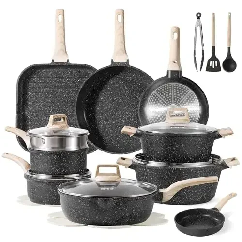 CAROTE 26Pcs Pots and Pans Set, Nonstick Cookware Sets, Granite Induction Cookware Non Stick Cooking Set w/Frying Pans & Saucepans(PFOS, PFOA Free) - MODAZONE