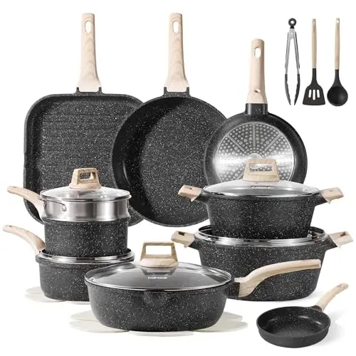 CAROTE 26Pcs Pots and Pans Set, Nonstick Cookware Sets, Granite Induction Cookware Non Stick Cooking Set w/Frying Pans & Saucepans(PFOS, PFOA Free) - 1