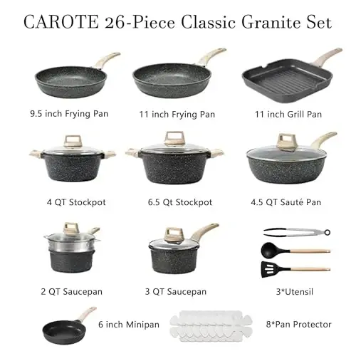 CAROTE 26Pcs Pots and Pans Set, Nonstick Cookware Sets, Granite Induction Cookware Non Stick Cooking Set w/Frying Pans & Saucepans(PFOS, PFOA Free) - 6