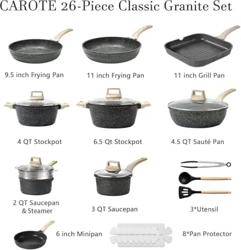 CAROTE 22Pcs Qozon va Tovalar to'plami, Yopishmaydigan Idish-tovoqlar to'plamlari, Granit Induksion Yopishmaydigan Idish-tovoqlar to'plami, Qovurilgan Tovalar va Soslar uchun qozonlar (PFOS, PFOA Yo'q) 