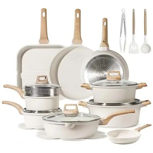 CAROTE 26pcs Pots and Pans Set, Nonstick Cookware Sets, with Grill Pan | With 6.5-Qt Stockpot, Lightweight & Durable, Steamer Included, Fast & Even Heating, Induction Compatible - CAROTE