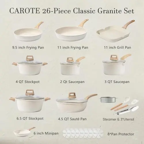 CAROTE 26pcs Pots and Pans Set, Nonstick Cookware Sets, with Grill Pan | With 6.5-Qt Stockpot, Lightweight & Durable, Steamer Included, Fast & Even Heating, Induction Compatible - CAROTE (1)
