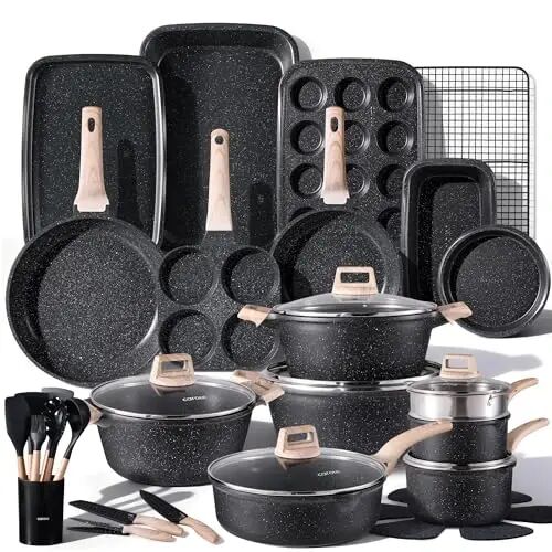CAROTE 44pcs Nonstick Cookware Sets, Pots and Pans Set with Bakeware | Kitchen Knife Set Included, Lightweight Die-Cast Aluminum, Fast & Even Heating, All-Stovetop Compatible - CAROTE