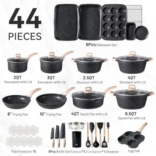 CAROTE 44pcs Nonstick Cookware Sets, Pots and Pans Set with Bakeware | Kitchen Knife Set Included, Lightweight Die-Cast Aluminum, Fast & Even Heating, All-Stovetop Compatible - CAROTE (1)