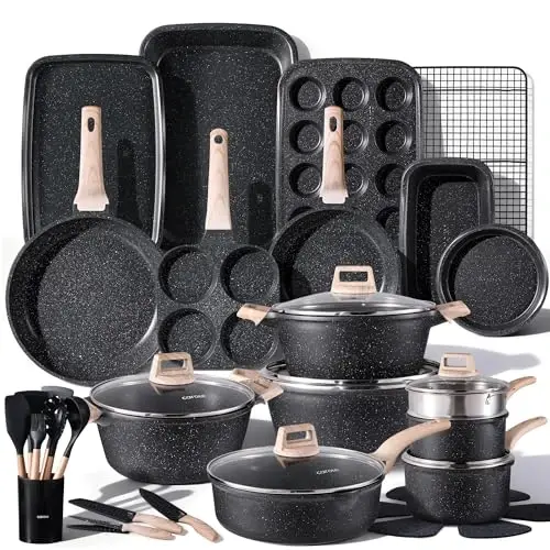 CAROTE 44pcs Nonstick Cookware Sets, Pots and Pans Set with Bakeware | Kitchen Knife Set Included, Lightweight Die-Cast Aluminum, Fast & Even Heating, All-Stovetop Compatible - 1