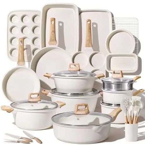 CAROTE 44pcs Pots and Pans, Nonstick Cookware Sets with Bakeware | Induction Cooking Set with Kitchen Knife Set & Egg Pan, Durable, Easy Clean, Even Heating - 1