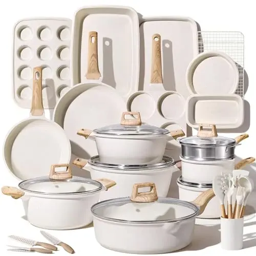 CAROTE 44pcs Pots and Pans, Nonstick Cookware Sets with Bakeware | Induction Cooking Set with Kitchen Knife Set & Egg Pan, Durable, Easy Clean, Even Heating - CAROTE