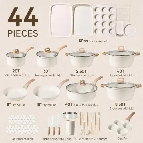 CAROTE 44pcs Pots and Pans, Nonstick Cookware Sets with Bakeware | Induction Cooking Set with Kitchen Knife Set & Egg Pan, Durable, Easy Clean, Even Heating - CAROTE (1)