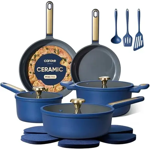 CAROTE Ceramic Cookwar Set, Pots and Pan Set Non Stick 16 Piece, Cookware Set Kitchen Cooking Set Non Toxic, PFAS PTFE Free, Blue - 1