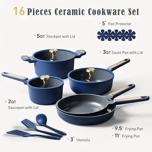 CAROTE Ceramic Cookwar Set, Pots and Pan Set Non Stick 16 Piece, Cookware Set Kitchen Cooking Set Non Toxic, PFAS PTFE Free, Blue - 2