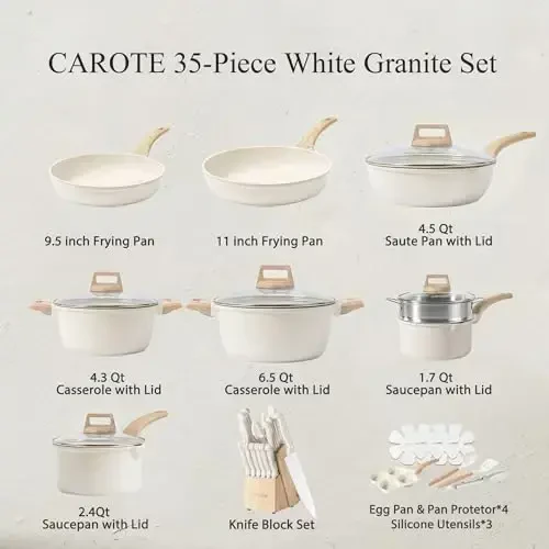 CAROTE ICE 35pcs Pots and Pans Set, Nonstick Cookware Sets, White Granite Induction Cookware with Kitchen Knife Set - 2
