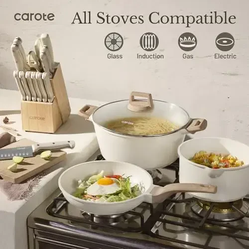 CAROTE ICE 35pcs Pots and Pans Set, Nonstick Cookware Sets, White Granite Induction Cookware with Kitchen Knife Set - 6