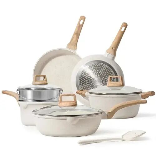 CAROTE Nonstick Pots and Pans Set, Cookware Sets, 10pcs | Induction Kitchen Set, Durable Coating, Easy Clean, Fit All Stovetops, Even Heating, Stay Cool Handle, with Steamer - CAROTE