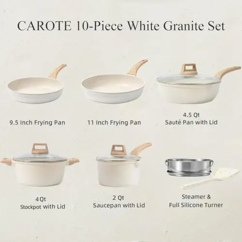 CAROTE Nonstick Pots and Pans Set, Cookware Sets, 10pcs | Induction Kitchen Set, Durable Coating, Easy Clean, Fit All Stovetops, Even Heating, Stay Cool Handle, with Steamer - CAROTE (1)