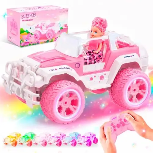 Carox Pink Remote Control Car, 1: 16 RC Car with Doll and Stickers | RC Cars for Girls, Rechargeable, 2.4GHz, LED Headlight, Christmas Birthday Gifts for Grils 6+ - 1