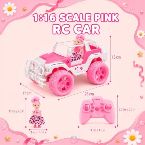 Carox Pink Remote Control Car, 1: 16 RC Car with Doll and Stickers | RC Cars for Girls, Rechargeable, 2.4GHz, LED Headlight, Christmas Birthday Gifts for Grils 6+ - 3