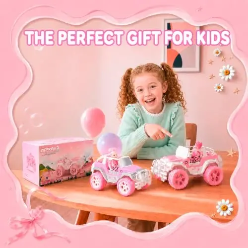 Carox Pink Remote Control Car, 1: 16 RC Car with Doll and Stickers | RC Cars for Girls, Rechargeable, 2.4GHz, LED Headlight, Christmas Birthday Gifts for Grils 6+ - 4