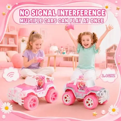 Carox Pink Remote Control Car, 1: 16 RC Car with Doll and Stickers | RC Cars for Girls, Rechargeable, 2.4GHz, LED Headlight, Christmas Birthday Gifts for Grils 6+ - 6