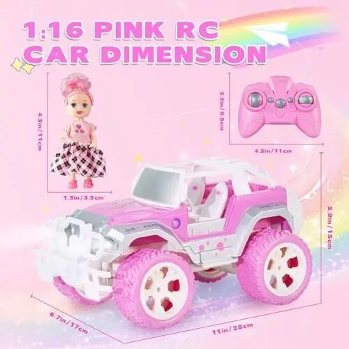 Carox Pink Remote Control Car, RC Cars for Girls, 1: 16 RC Car with Doll | Rechargeable, 80-Minute Playtime, 2.4GHz, LED Headlight, Christmas Birthday Gifts for Grils 6+ - Carox (1)