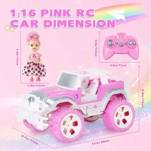 Carox Pink Remote Control Car, RC Cars for Girls, 1: 16 RC Car with Doll | Rechargeable, 80-Minute Playtime, 2.4GHz, LED Headlight, Christmas Birthday Gifts for Grils 6+ - 2