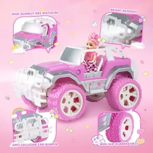 Carox Pink Remote Control Car, RC Cars for Girls, 1: 16 RC Car with Doll | Rechargeable, 80-Minute Playtime, 2.4GHz, LED Headlight, Christmas Birthday Gifts for Grils 6+ - 6