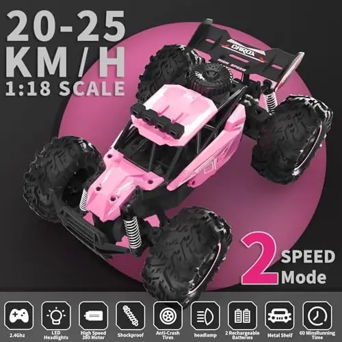 Carox Remote Control Car 2.4GHz 1: 18 Off-Road Monster Truck | 25KM/H High Speed，Rechargeable design,LED Lights，Ideal Gift for kids 6+,Pink - 3