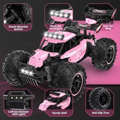 Carox Remote Control Car 2.4GHz 1: 18 Off-Road Monster Truck | 25KM/H High Speed，Rechargeable design,LED Lights，Ideal Gift for kids 6+,Pink - 4